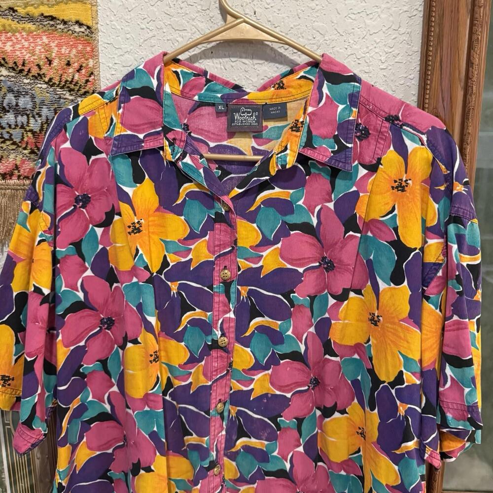 Vintage 80s RARE Woolrich Unisex Floral Button-Up Hawaiian‎ Shirt Size XL - Picture 3 of 6
